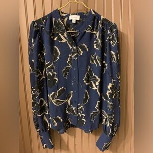 Navy and Cream Floral Button Down Blouse. Evereve.